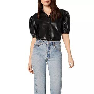 BB Dakota Black Faux Leather Puff Sleeve Button Down Top Sz XS